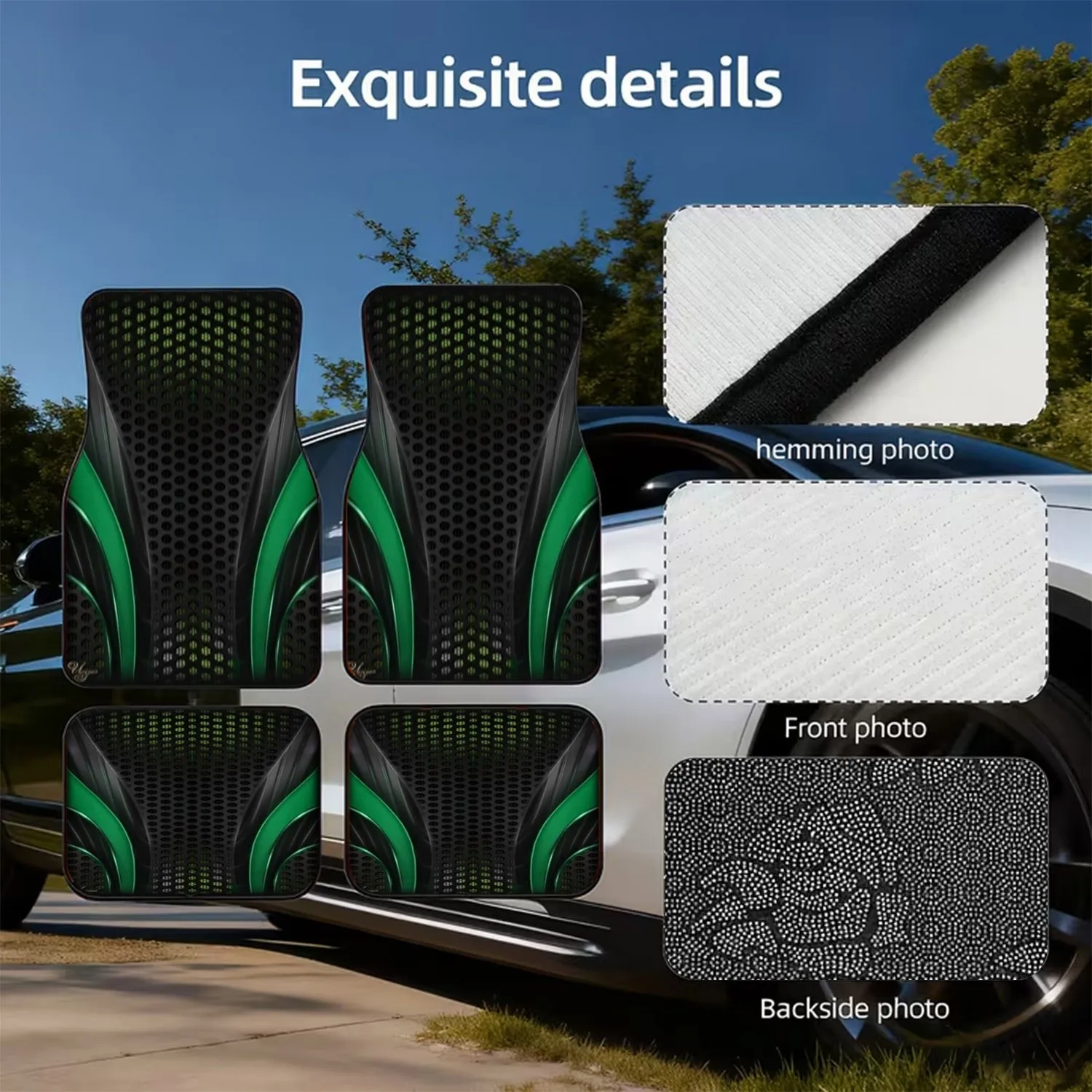 4pcs Futuristic Green Black Car Mats, sleek tech aesthetic & striking contrast finish.Fashionable floor mats to upgrade interior
