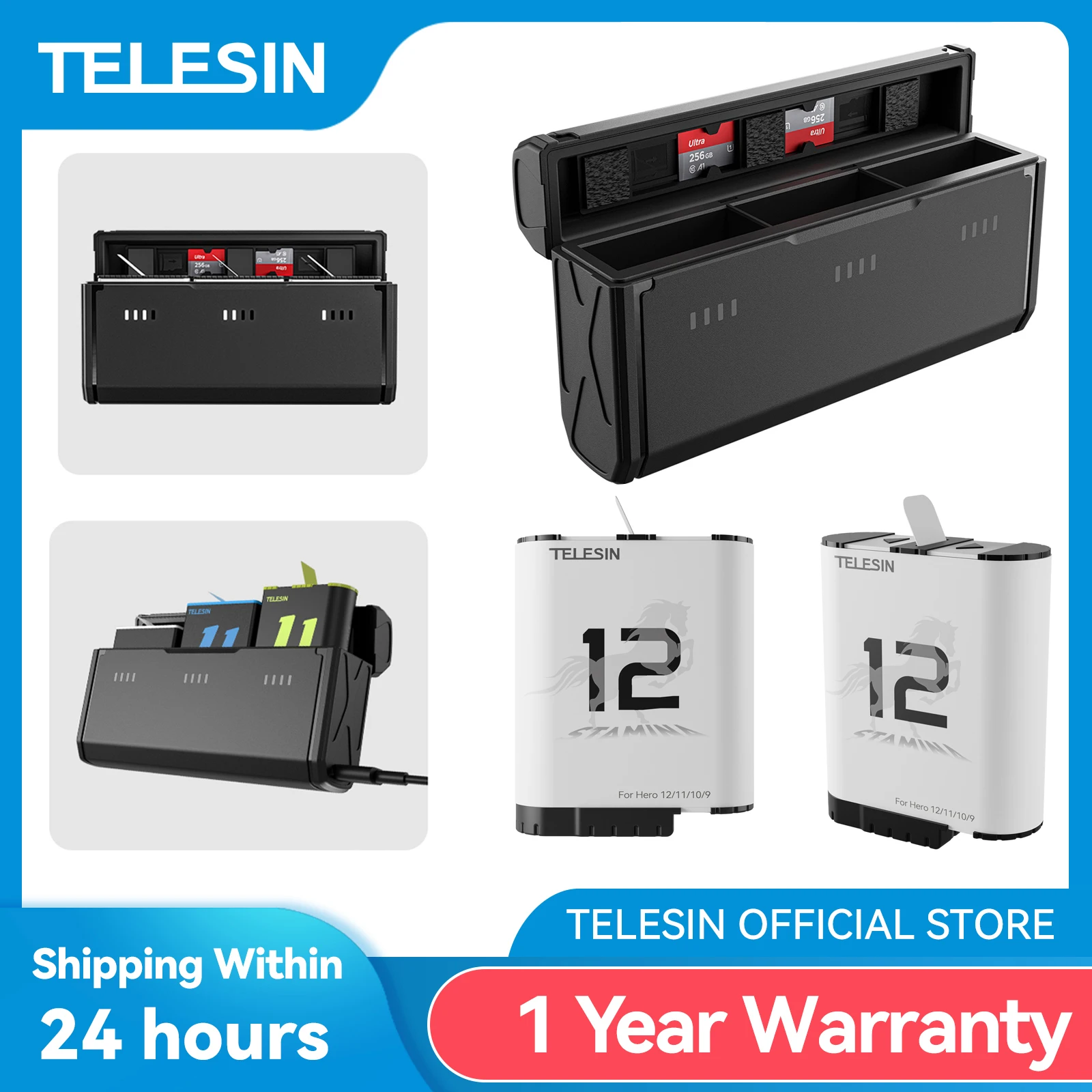 TELESIN Endurence 배터리, 고프로 히어로 12, 11, 10, 9, 1750 mAh 배터리, 3 슬롯, TF 카드, 배터리 스토리지 충전기 박스 