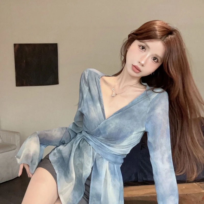 Blue Chiffon Blouses Women Bandage Defined Waist Vintage Tie Dye Autumn Stylish Elegant for Ladies Long Sleeve Aesthetic Clothes