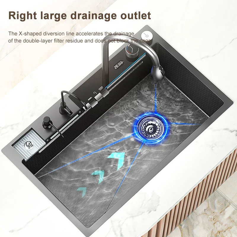 304 Stainless Steel Waterfall Kitchen Sink Large Single Slot Digital Display Faucet Set Multifunctional Wash Basin Washing Pool