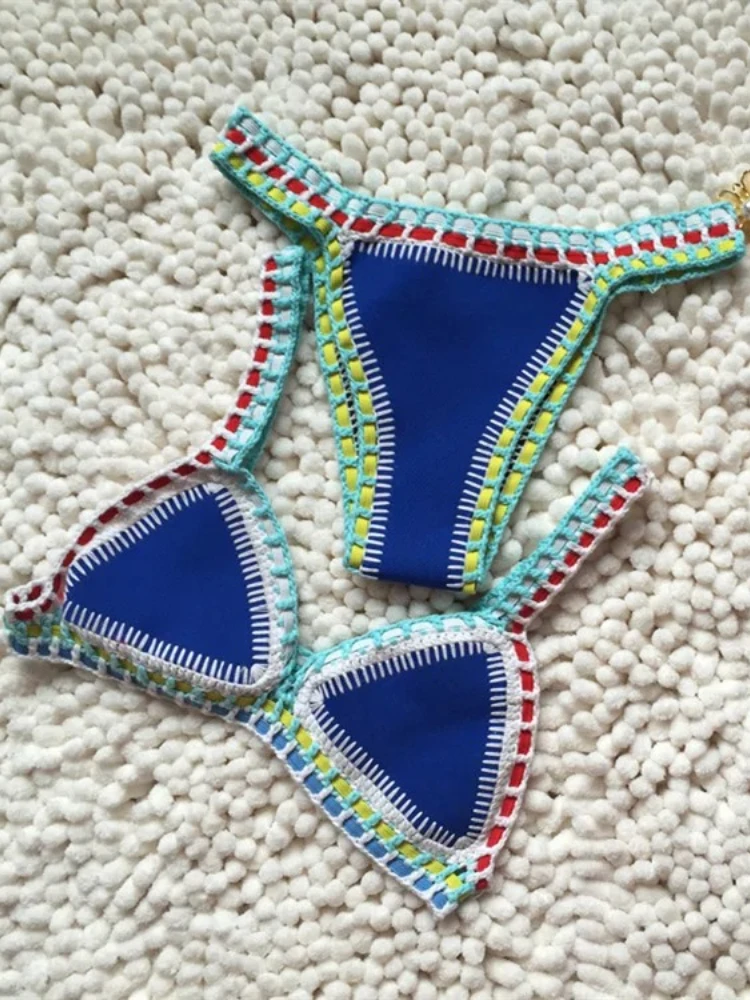 Микро бикини, новинка 2025, женский вязаный крючком купальник ручной работы, лоскутный купальный костюм с лямкой на шее, купальник, бикини, стринги, пляжный комплект бикини