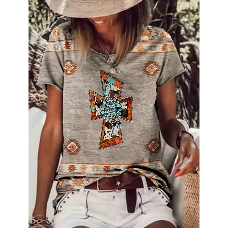 Western Ethnic Style T-shirt Geometry 3D Print Women Streetwear Retro T Shirts Y2k Tops Harajuku Oversized Tees Female Clothing