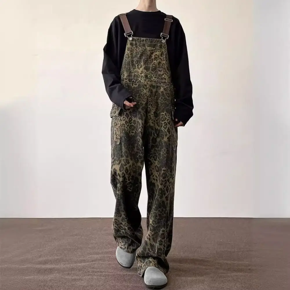 

Female Clothing Baggy Leopard Print Overalls Straight Leg Wide Leg Rompers Women Y2k Ins Style Retro Leopard Print Pants Party