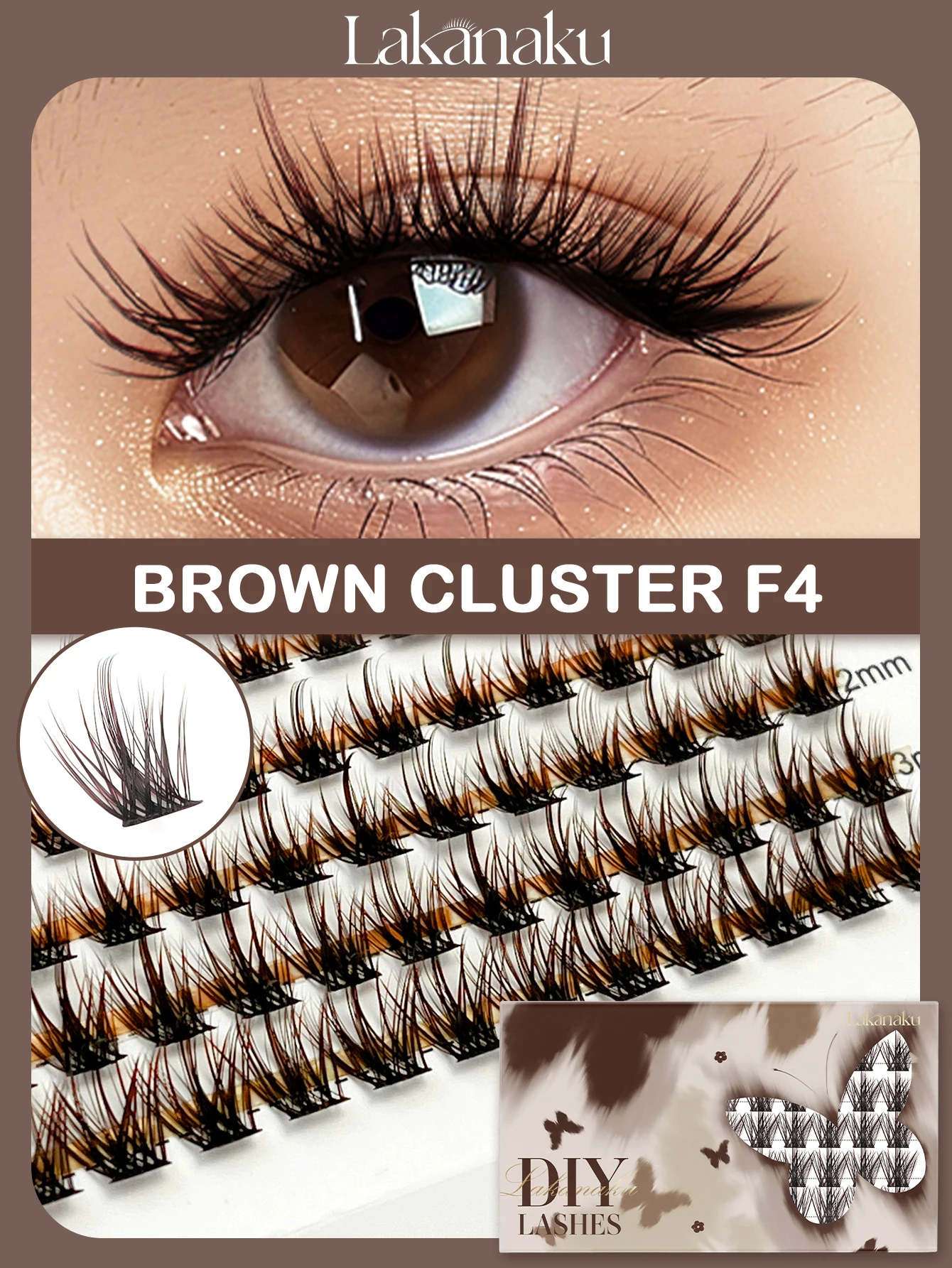 LAKANAKU Cashmere DIY Brown Cluster Lashes Natural Soft Brown Eyelashes Extension False Lashes Save Time For Beginner Makeup