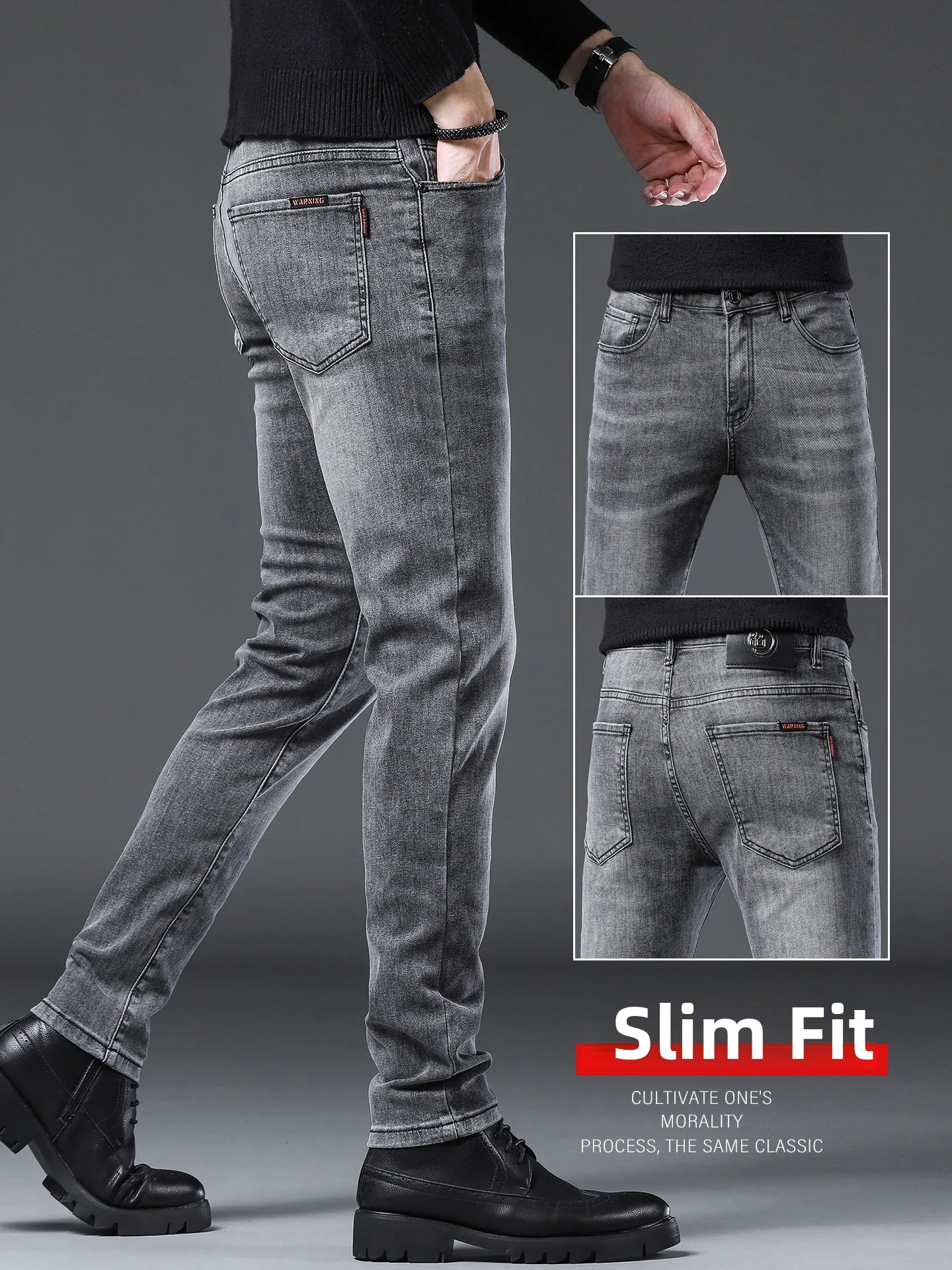 

Высококачественные мужские джинсы с флисовой подкладкой, облегающие, эластичные, повседневные, модные, городские, износостойкие, со средней посадкой