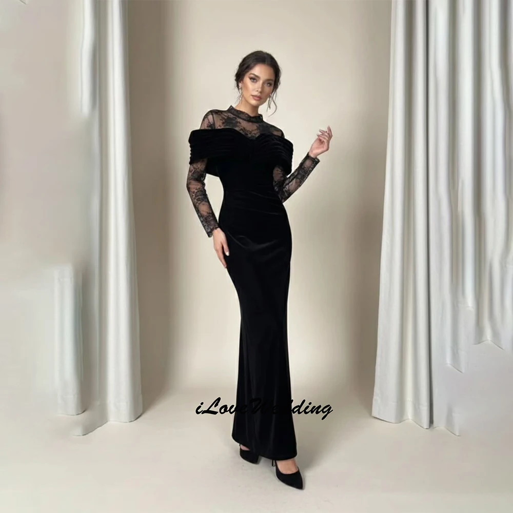 Attractive Black Women's Evening Dresses High Collar Long Sleeve Lace Stickers Princess Formal Prom Gowns 2025 Customized