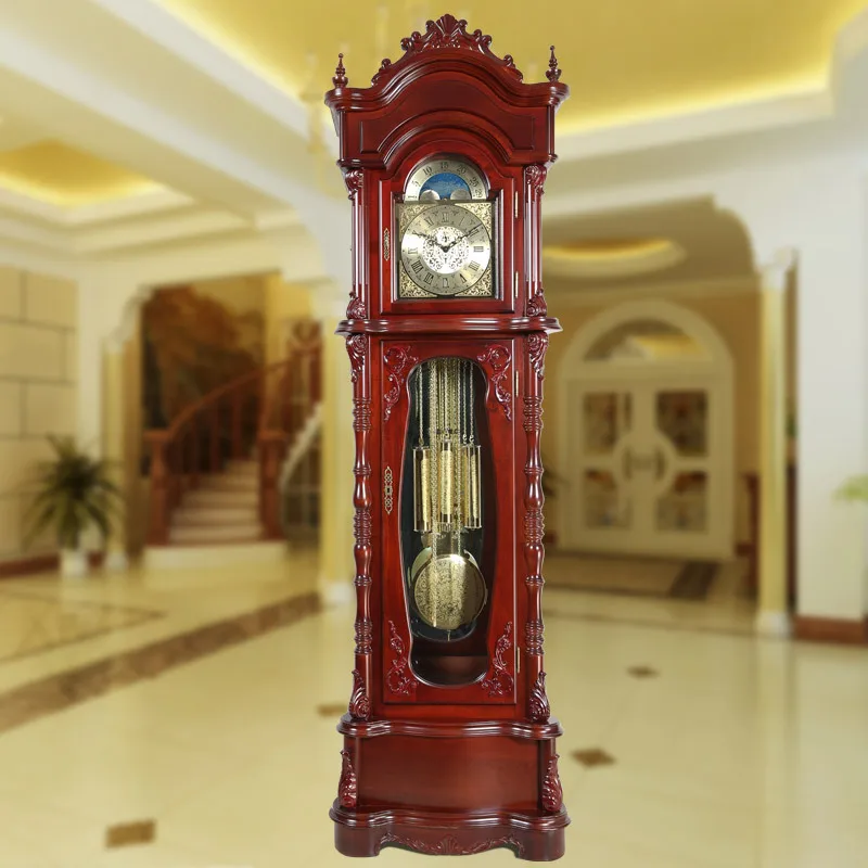 

European floor clock luxury living room mechanical clock solid wood carving flower