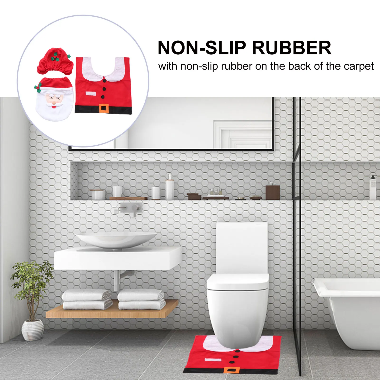 

1Set Christmas Style Santa Toilet Cover Red Water Tank Cover Protective Mat Xmas Toilet Floor Mat Bathroom Decor