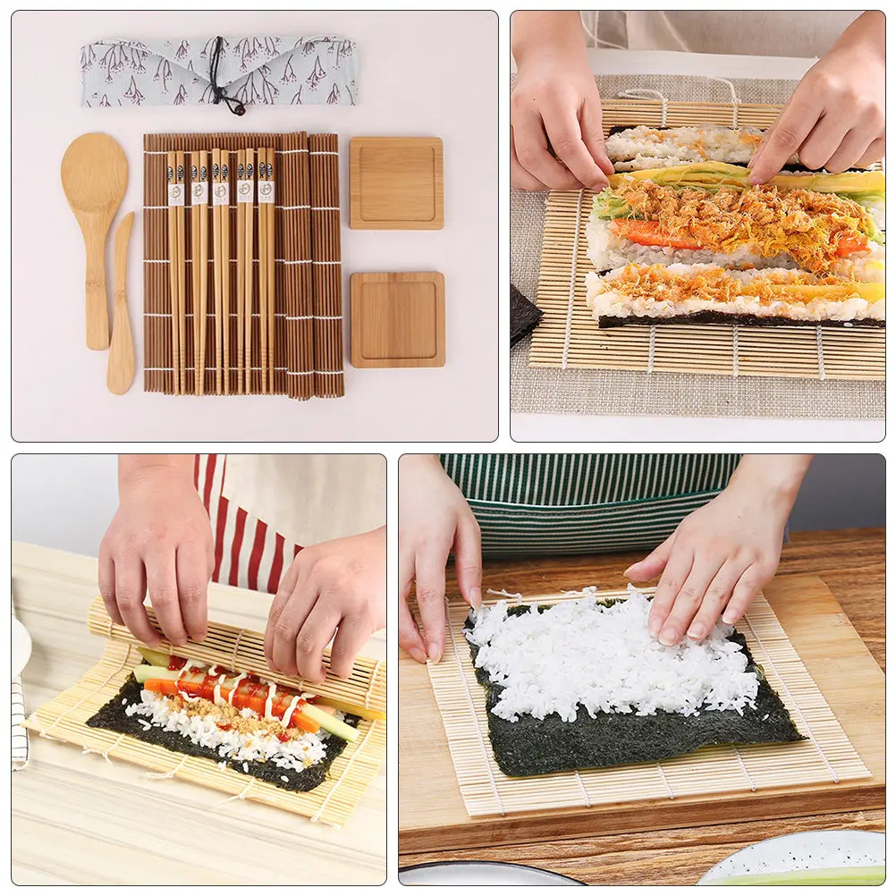 Kit para Hacer Sushi, 1 Juego, Incluye Esterilla de Bambú, Palillos, Cuchara para Arroz, Platos para Salsas, Bolsa de Tela, Ideal para Hacer Sushi en Casa