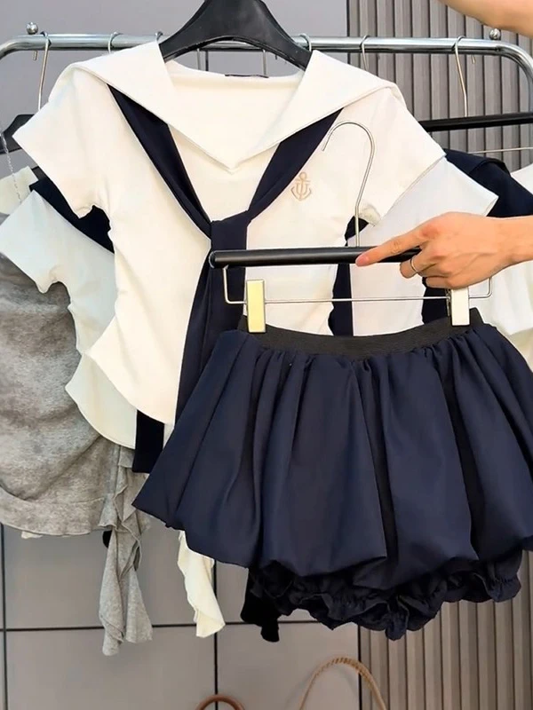 

Korean Style Color Block Set Navy Collar Pleated Skirt Sweet School Uniform Style Women's Fashion Casual Summer Outfit