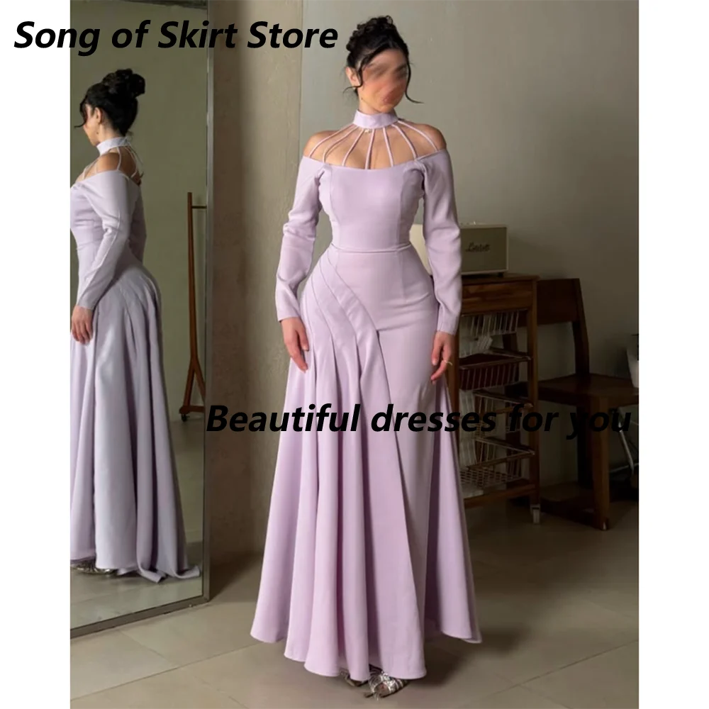 

Сиреневое вечернее платье А-силуэта на заказ с высоким воротом, длинными рукавами, плиссированное, из джерси, элегантное, для вечеринок, длиной до щиколотки, для выпускного вечера