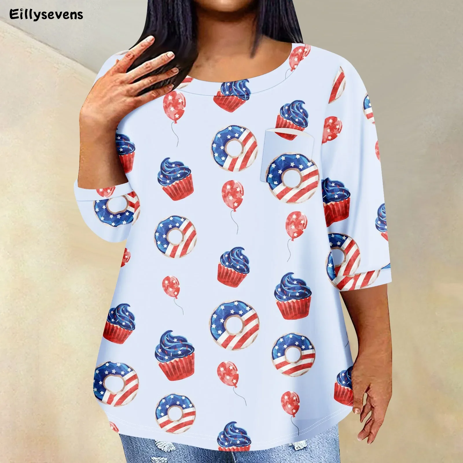 Women Plus Size Tops Summer Daily O Neck Loose Regular Tops Xxxl 3/4 Sleeve Tops For Fashion Casual Independence Day Print Tops