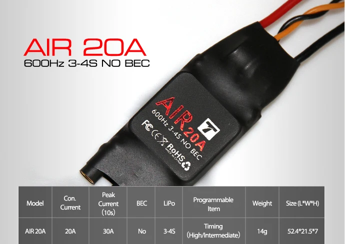 T-MOTOR ESC Air 20A (3-4S) borstelloze motor elektronische snelheidsregelaar voor multicopter