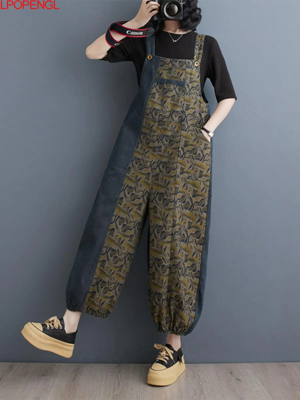 Fashion Women's 2024 Spring And Summer New Loose Retro Printed Jumpsuit Temperament Streetwear Color Block Washed Denim Overalls