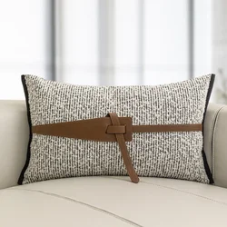 Black And White Cotton-Linen Textured Belt Orange Leather Decorative Pillow Cover for Designer Room Stylish Home Decor Accent