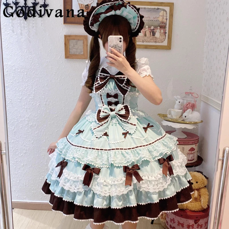 

Original Sweet Lolita Jsk Dress Cute Bow Lace Stitching Kawaii Birthday Party Dress Girls Women Elegant Slim Suspender Dresses