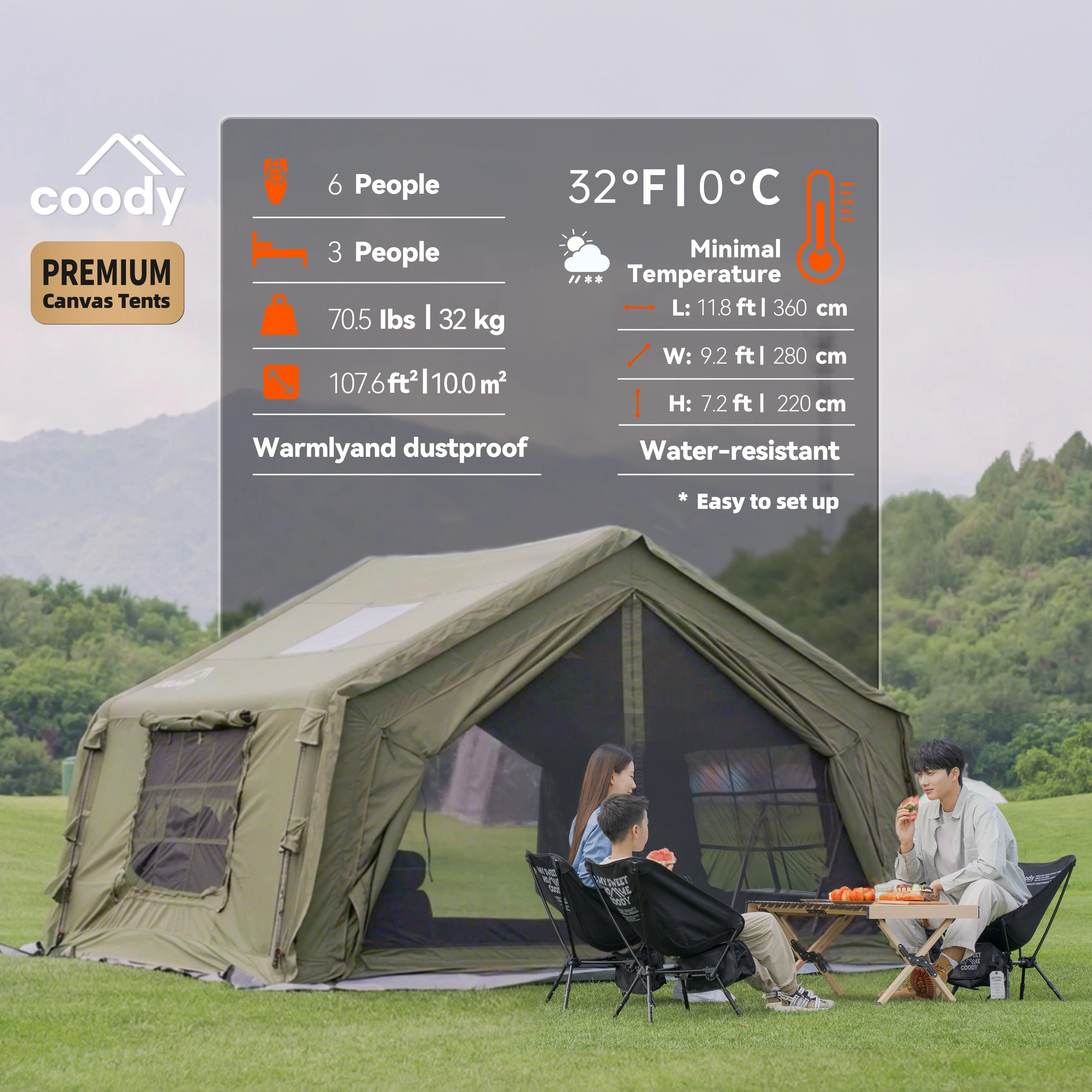 Coody 10.0 Air Tent Army Green Big Cotton Fabric Inflatable Shelter For Family Outdoor Luxury Camping