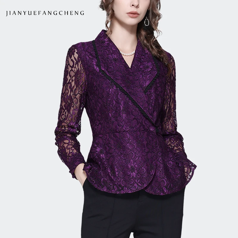 Vintage Hollow Out Women Purple Lace Top 2023 Autumn New Long Sleeve Suit Collar Shirts Ladies Working Casual Blouses With Belt