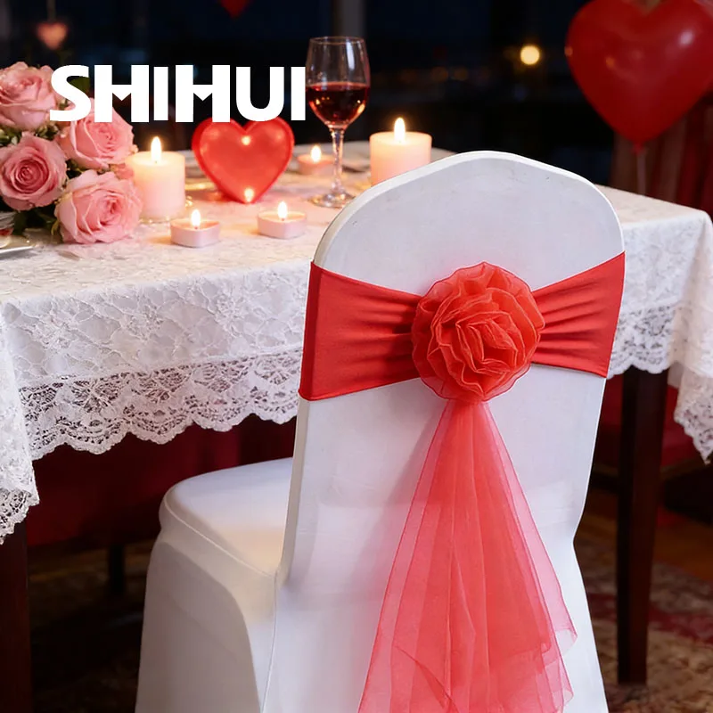 4/6/12/50/100 Pcs Chair Sashes Flower Grenadine Knot Back Elastic Sash Band Bow For Hotel Banquet Wedding Party Event Decoration