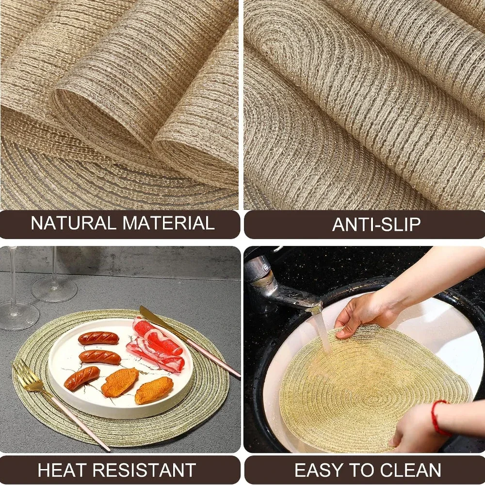 Golden Sliver Glitter Round Braided Placemats Set of 6 34/38CM Circle Place Mats Washable Table Mats for Kitchen Party Wedding
