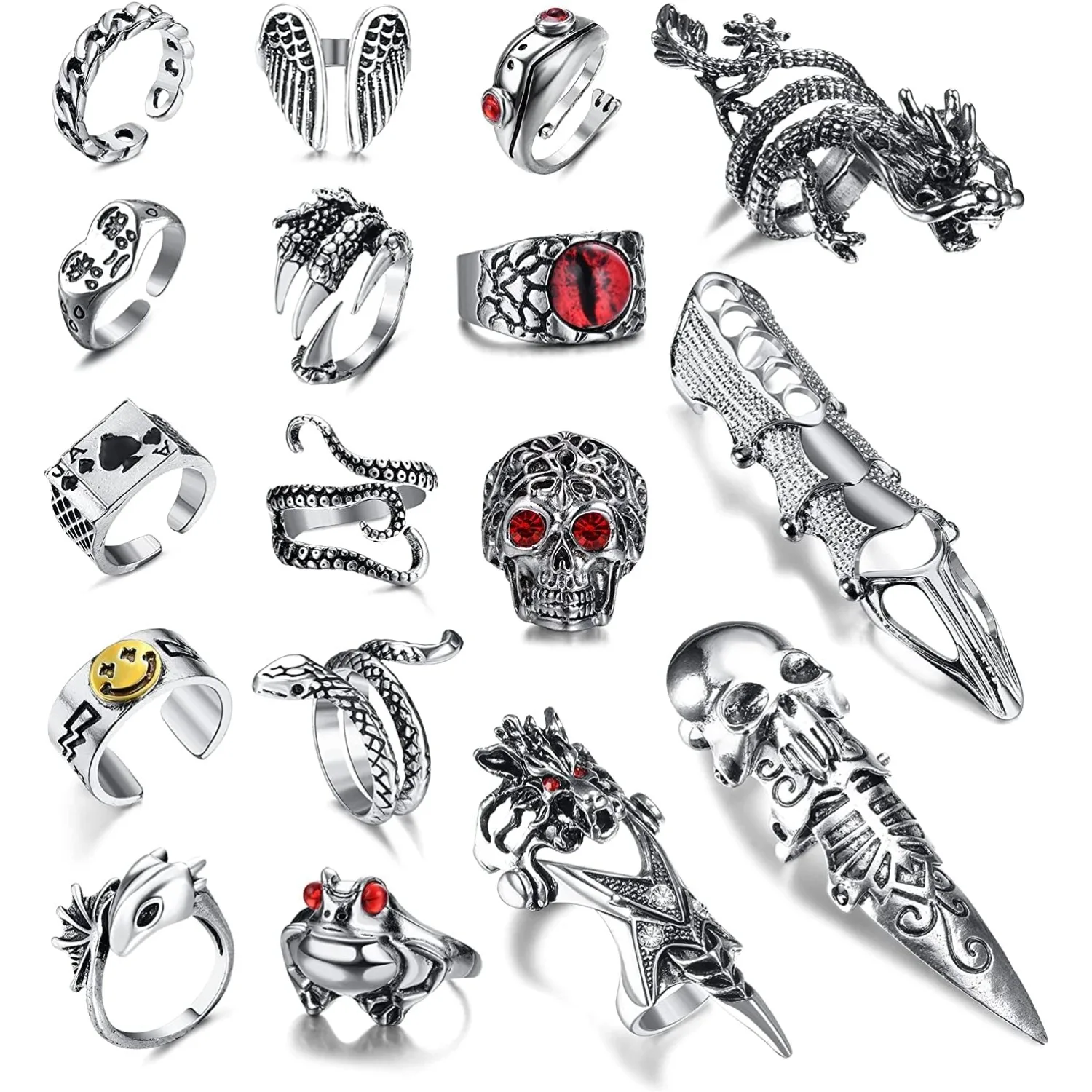 Bobisty Vintage Punk Ring Gothic Open Rings Set for Men Women Snake Men Boho Rings Stackable Frog Bat Spider Adjustable Rings