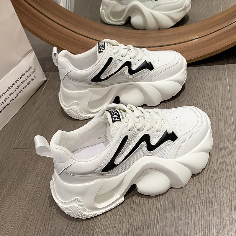 

Platform Women Shoes Classic Women Chunky Sneakers PU High Heels Lace Up Solid Round Toe Vulcanize Shoes Plus Size Zapatos