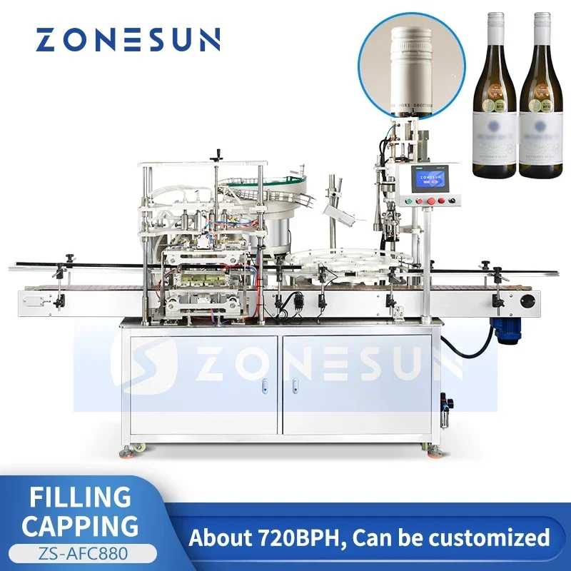 ZONESUN ZS-AFC880 4-Head Vacuum Filler and Capping Machine Automatic Glass Bottle Wine Liquid Bottling Packaging Line