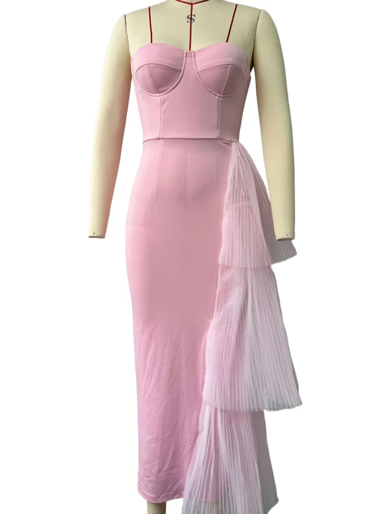 Vestido de noite formal longo chique com camadas de malha elástica alta