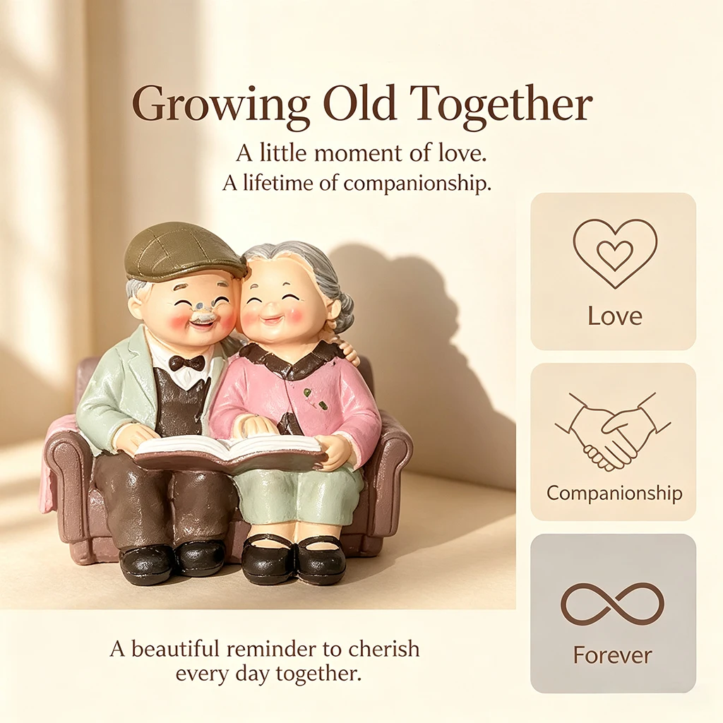 Elderly Couple Figurine Resin Statue Grandparents Home Decor Sitting Together Reading Book Anniversary Wedding Gift