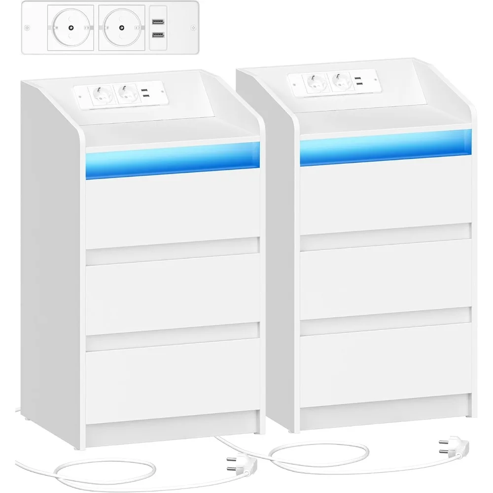 Mesilla de Noche de 3 Cajones، Mesa Auxiliar con Estacional de Carga y LED #1