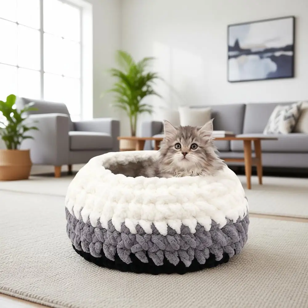 

Handwoven Washable Cat Nest Bed Extra Soft Round Cave House Furniture for Indoor Kitten Cloud Black, White&Gray