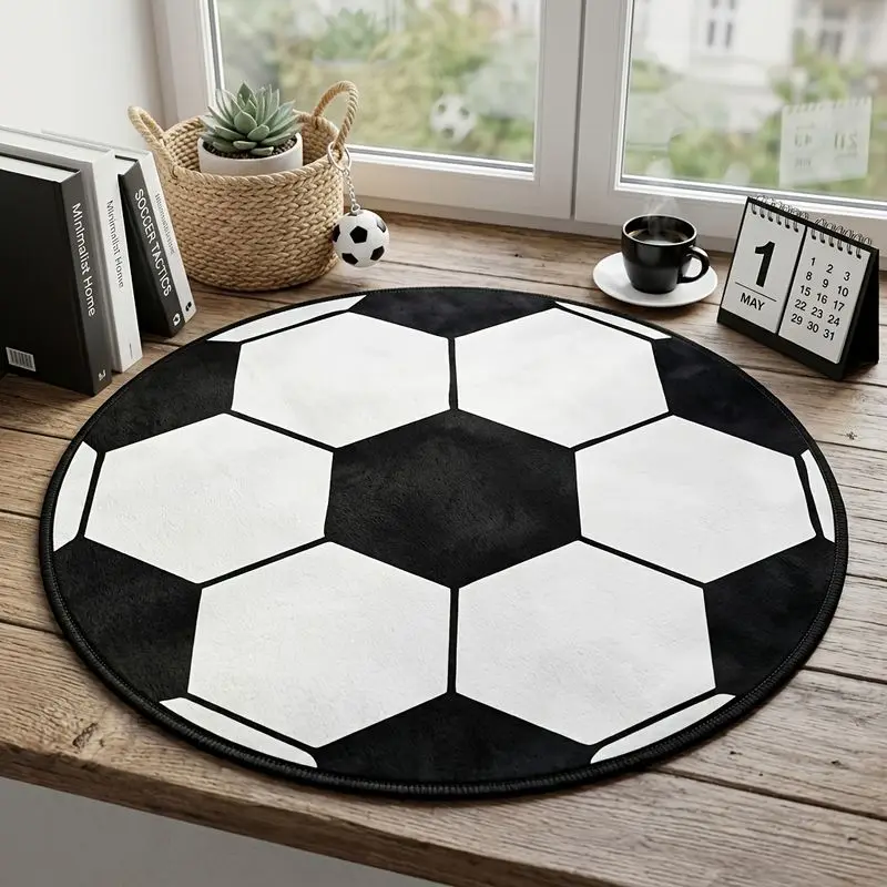 VIKAMA Classic Black-and-White Soccer Ball Round Rug, Soft Non-Slip Bedroom Rug, Gaming Chair Protective Pad, Home Decor