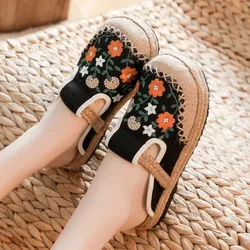 Bohemian Women Linen Canvas Slip-On Flat Shoes Comfortable Retro Loafers Ladies Casual Embroidered Sneakers Hemp Sole 2023