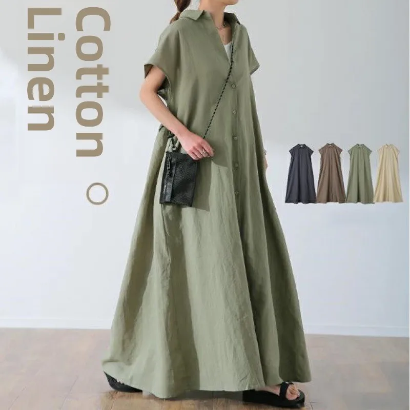 High Waist A-Line Skirt Pullover Short Sleeve Cotton Linen Dress Women's Fashion Spring Autumn City Walk Single Piece