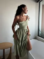 Bornladies Spring Summer Beach Style Women Dress Vintage Loose A-line Sling Dress Sexy Hot Girl 100% Cotton V-neck Dress - Image 4