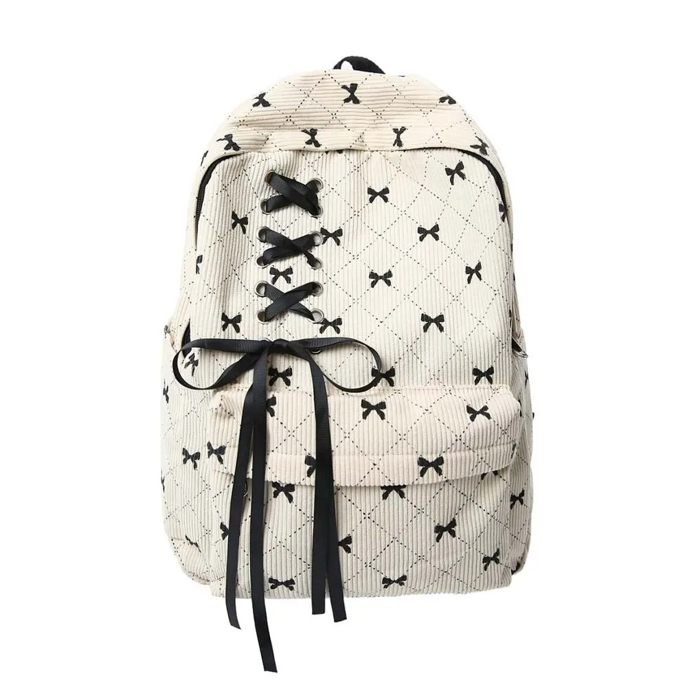 

Daypack Corduroy Bow Backpack Casual Silk Design Students School Bag Fixed Webbing Polyester Large Capacity Backpack Outdoor