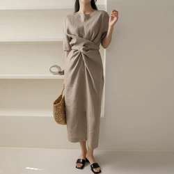 Johnature Summer New Korean Bandage Dress 2025 Solid Color O-neck Short Sleeve Loose Pockets Women Dresses