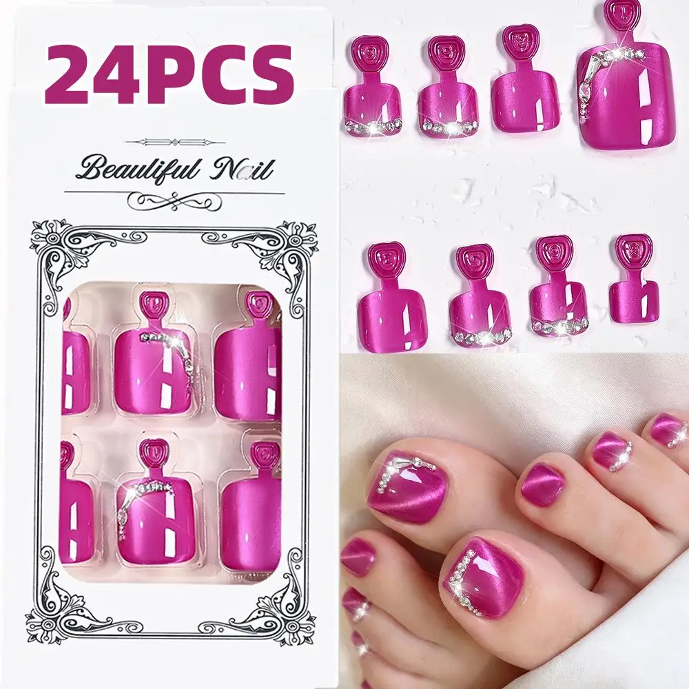 24Pcs Gloss Hot Pink Cat Eye Press On Toenails with 3D Rhinestone Chains Fake Toe Nails Short Square Wearable False Foot Nails T