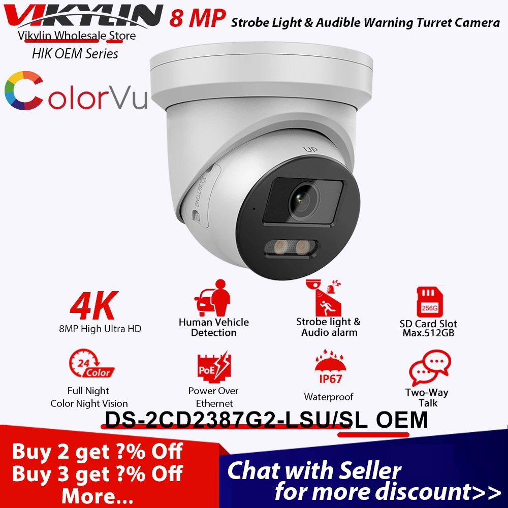 Vikylin 8MP ColorVu Acusense IP Camera 4K For Hik DS-2CD2387G2-LSU/SL Strobe Light Sound Alarm Two-way Audio Human Vehicle Detac