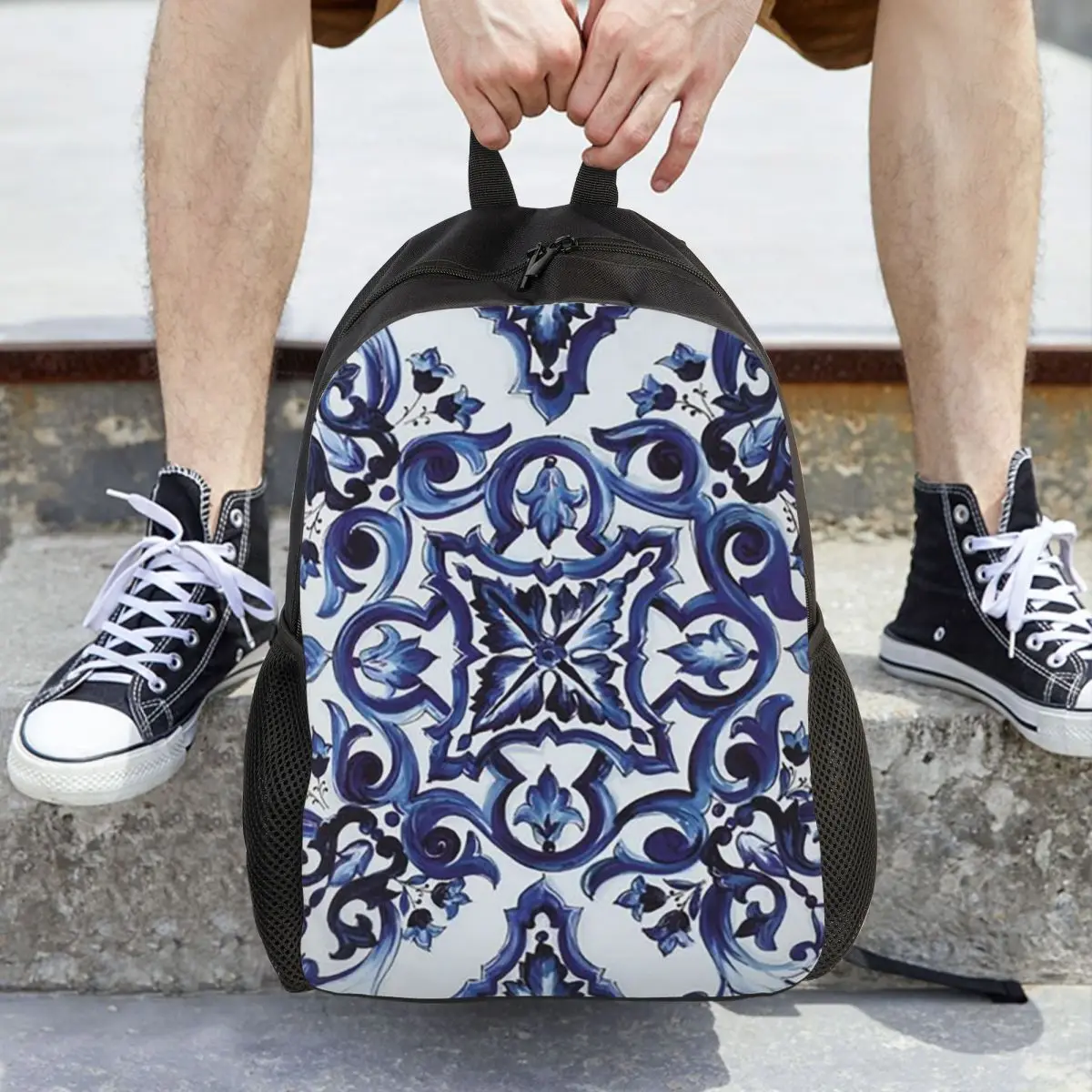 Blue Ornate Floral Mediterranean Sicilian Tile Backpack Daypack Large Capacity Kids BookBag School Bag Shoulder Bags Men Women