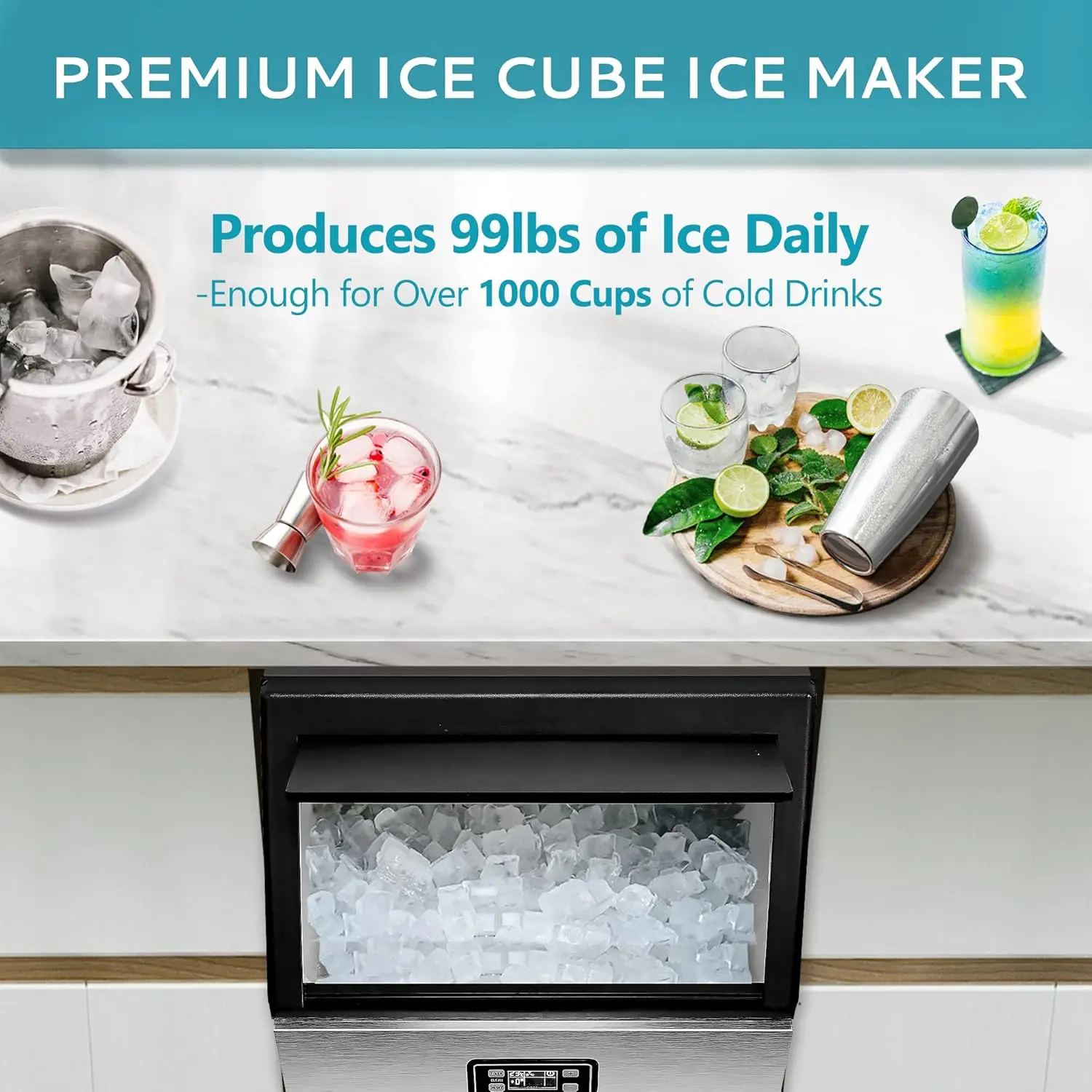 Commercial Ice Maker Machine - 99lbs Daily Production, 33lbs Ice Storage, Stainless Steel Freestanding & Under Counter Ice Maker