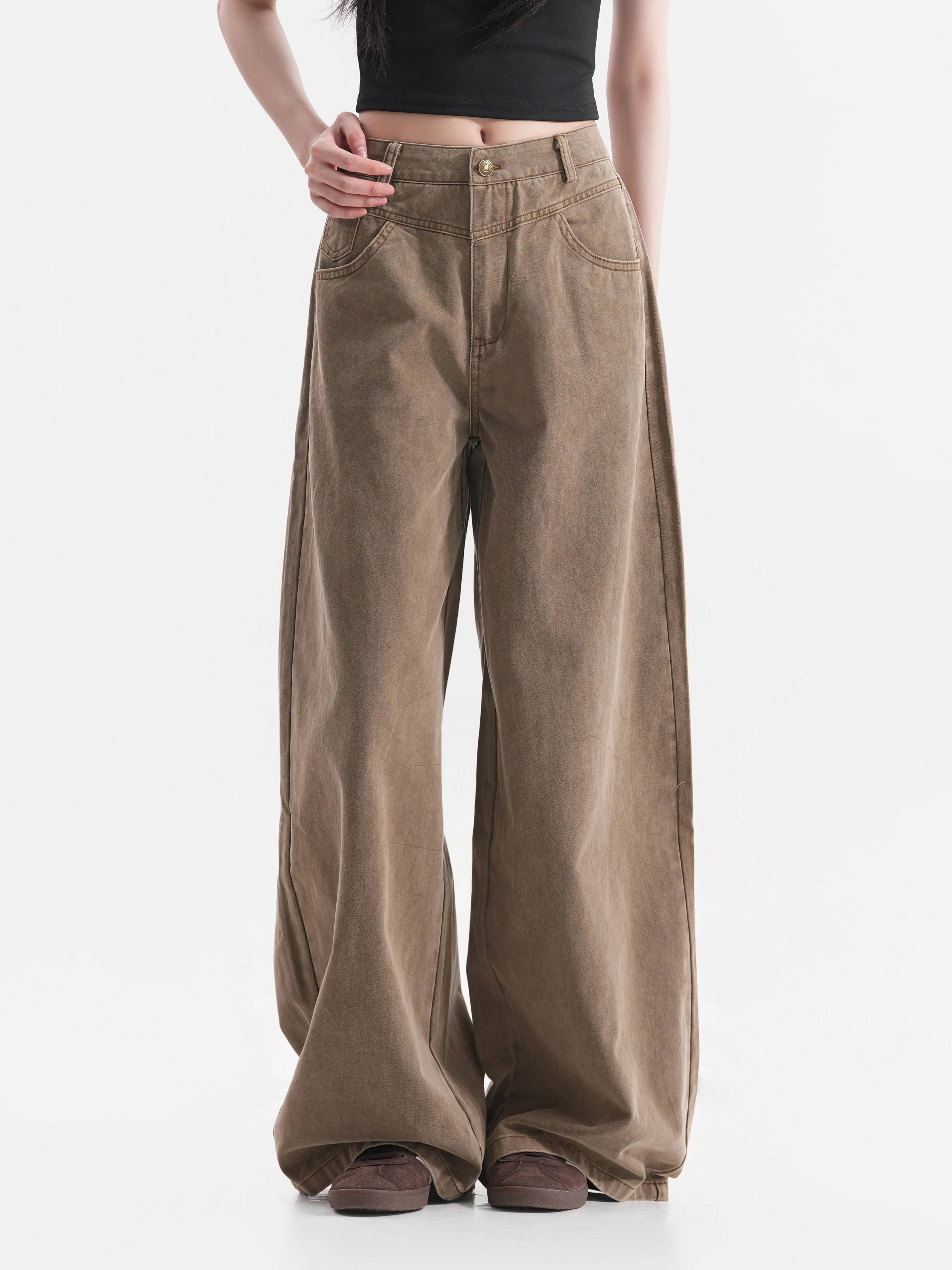 Low Waist Distressed Denim Jeans Women's Autumn Atmosphere Brown Wide Leg Pants Vintage American Style Neutral Wind Resistant