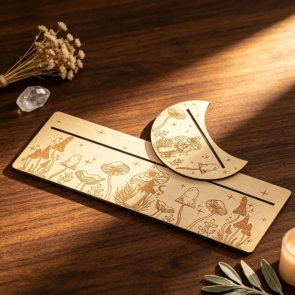 Holz-Tarotkartenhalter-Set mit Pilz- und Stern-Gravur, Langer & Halbmond-förmiger Behälter für Heimdekoration, Tischdekoration, Handwerksgeschenk – Detail 3