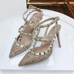 Zomer Luxe Dames Gladiator Puntige Sandalen Lederen Matte Romeinse Mode Metalen Klinknagel Pumps Feest Veelzijdige Dames Hoge Hakken