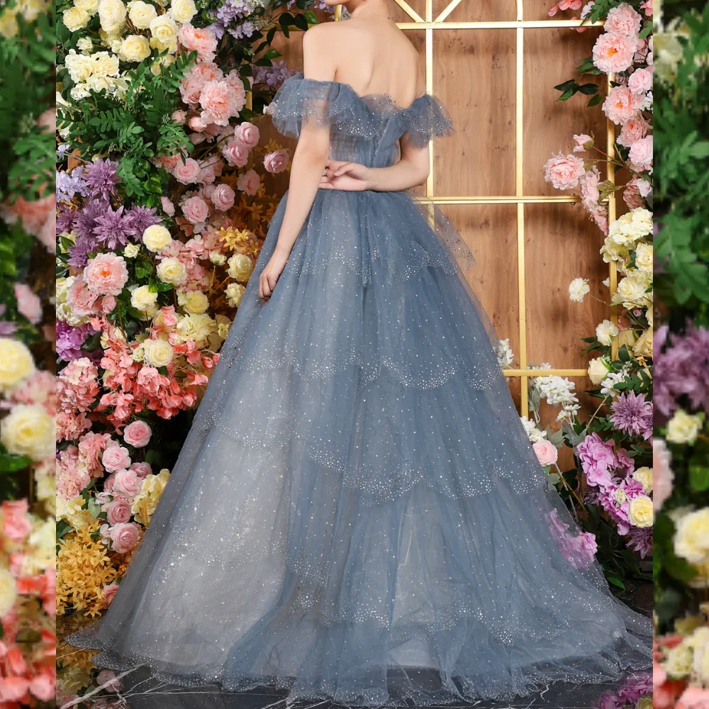 Women Long Blue Tulle Off Shoulder A-Line Empire Prom Sparkly Sequins Evening Dress Party Graduation Formal Ball Gown Customized