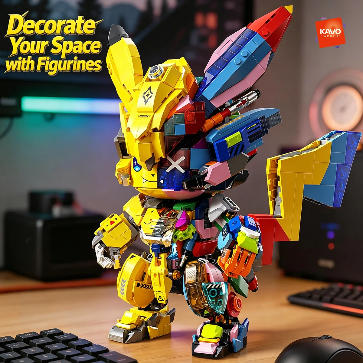 KAVOWORLD DIY Semi Mecha Anime Building Bricks Kit 1505PCS Glow Bricks Desk Decor Collectible Display Model for Building Fans