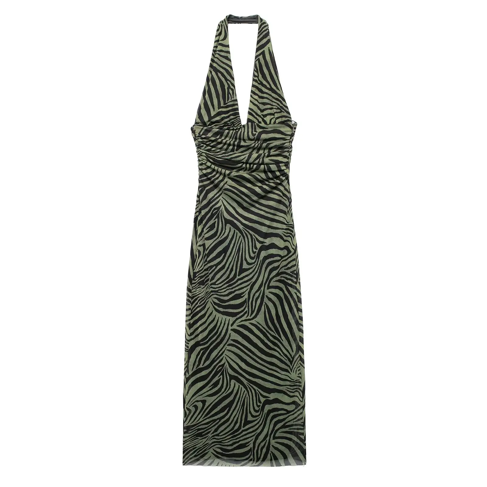 Tangada 2024 Women Green Zebra Mesh Halter Dress Sleeveless Ladies Backless Long Dress 3H0705