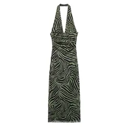 Tangada 2024 Women Green Zebra Mesh Halter Dress Sleeveless Ladies Backless Long Dress 3H0705