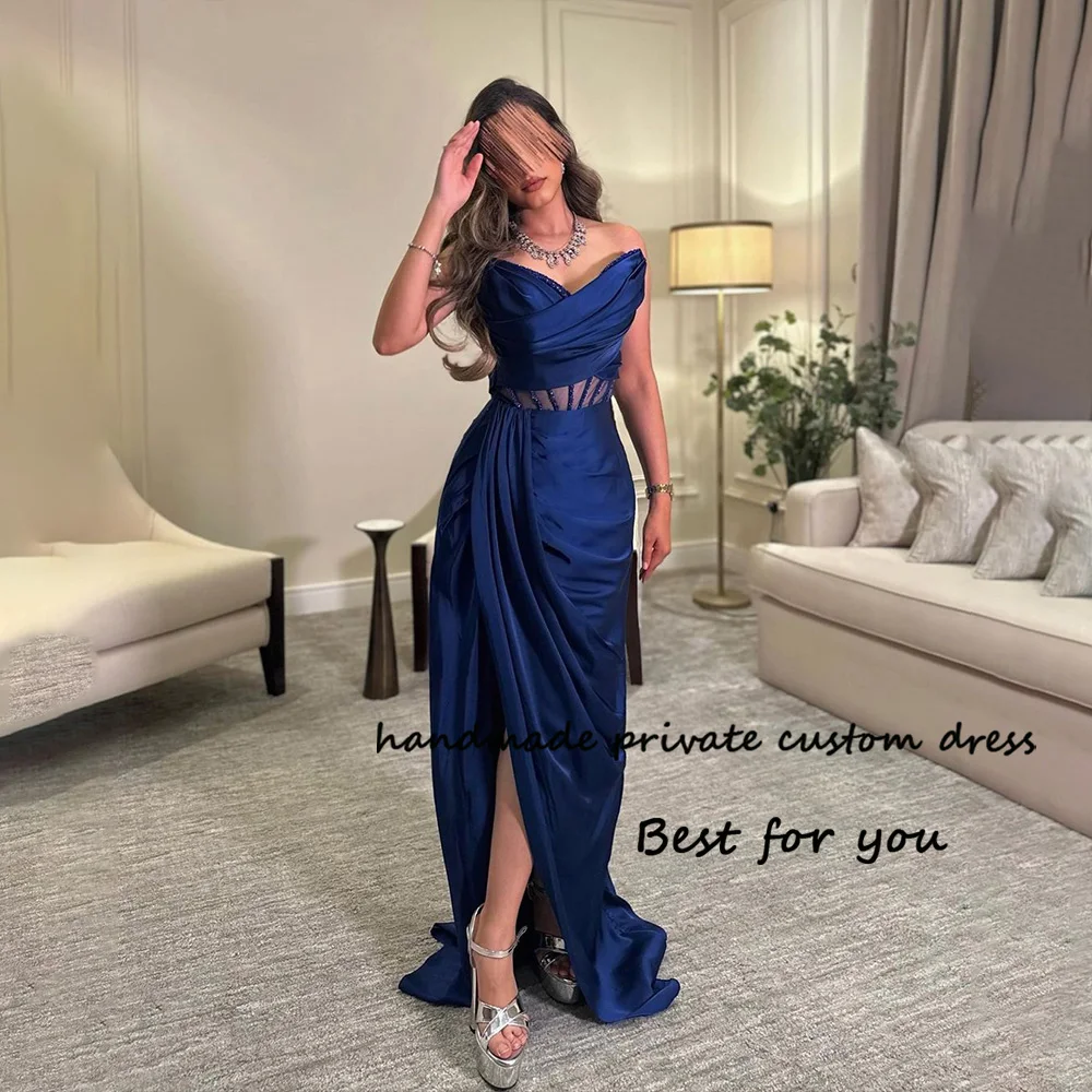 

Blue Mermaid Evening Dresses with Slit Pleats Satin Sweetheart Prom Dress for Women Floor Length Evening Party Gowns