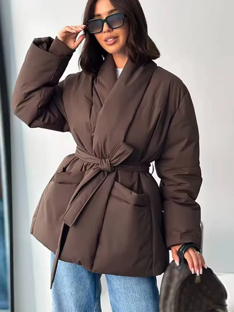 Parka informal lisa para mujer, abrigo elegante con cordones y cinturón de manga larga, chaqueta femenina, ropa de calle elegante para invierno 2025, prendas de vestir exteriores